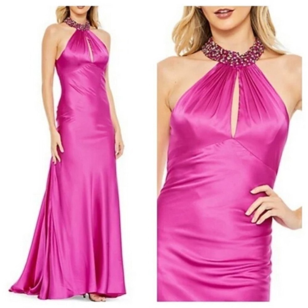 NWT Mac Duggal Fuchsia Beaded Halter Neck Satin
Mermaid Gown
